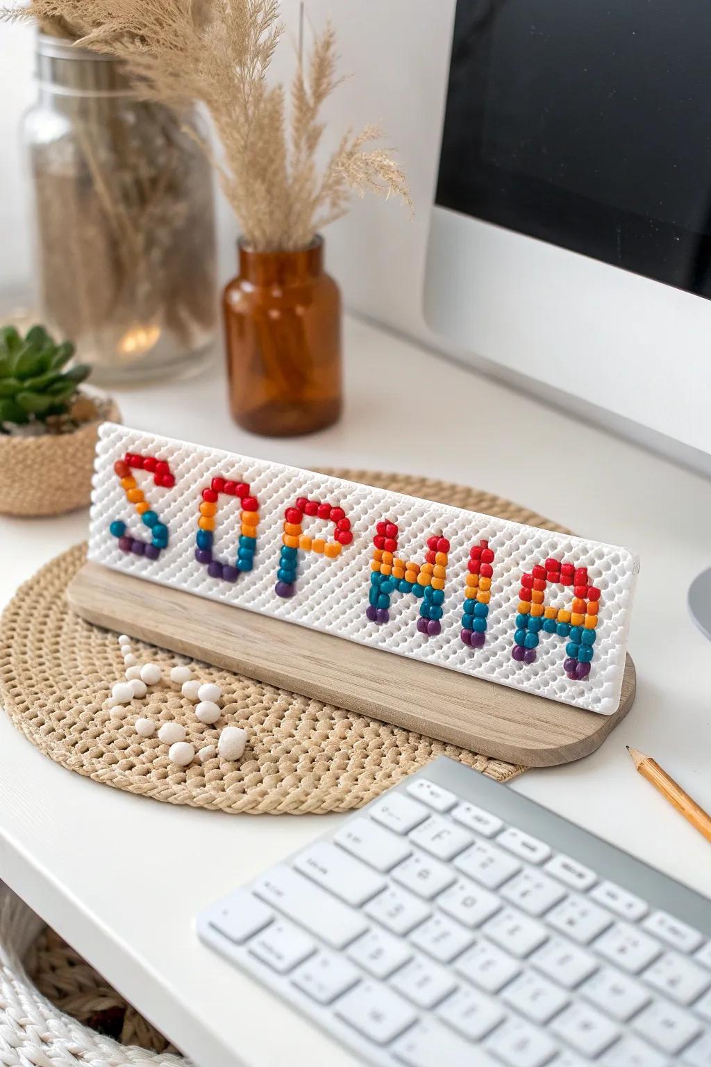 Brighten up your workspace with a personalized Perler bead nameplate, where bold colors meet minimalist design.