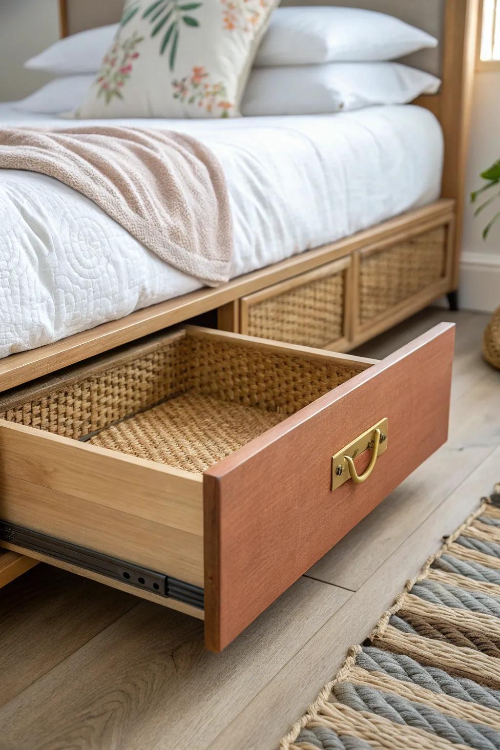 A bold rolling under-bed drawer hides sports gear and extra blankets—small-room essential.