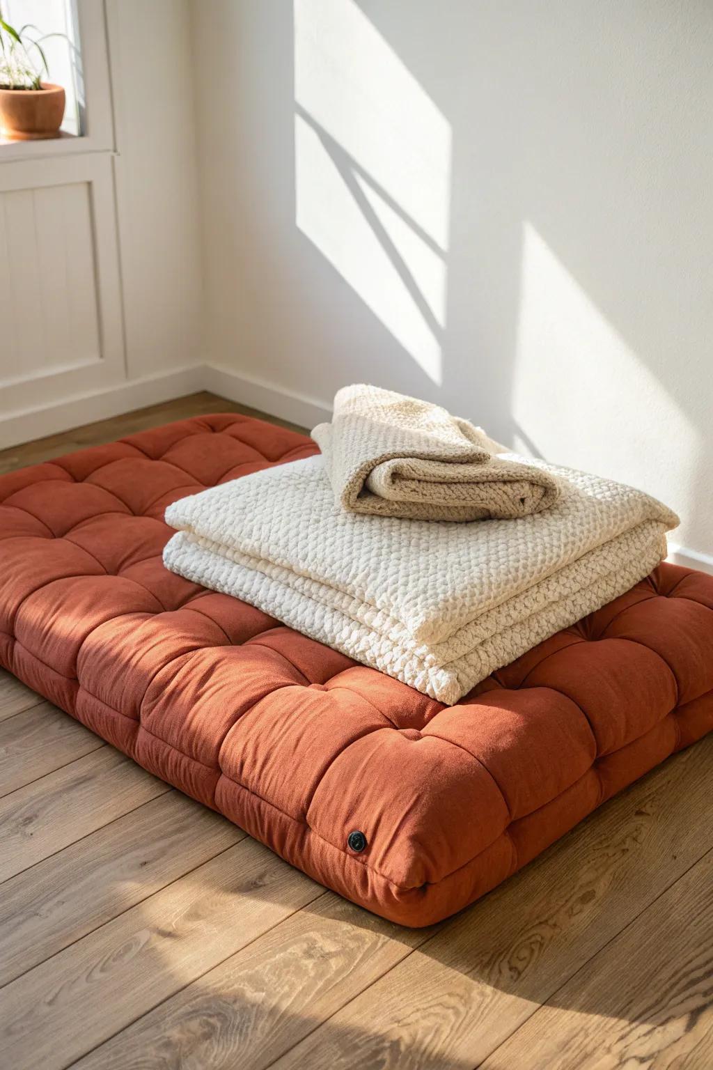 Fold-flat futon magic: a compact lounge by day, a comfy temporary bed by night.
