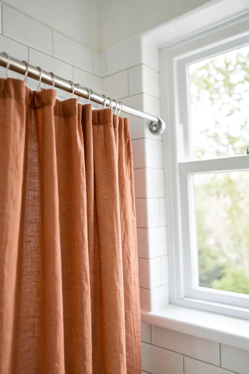 Warm linen privacy panel on a tension rod—instant bathroom window privacy with soft light.