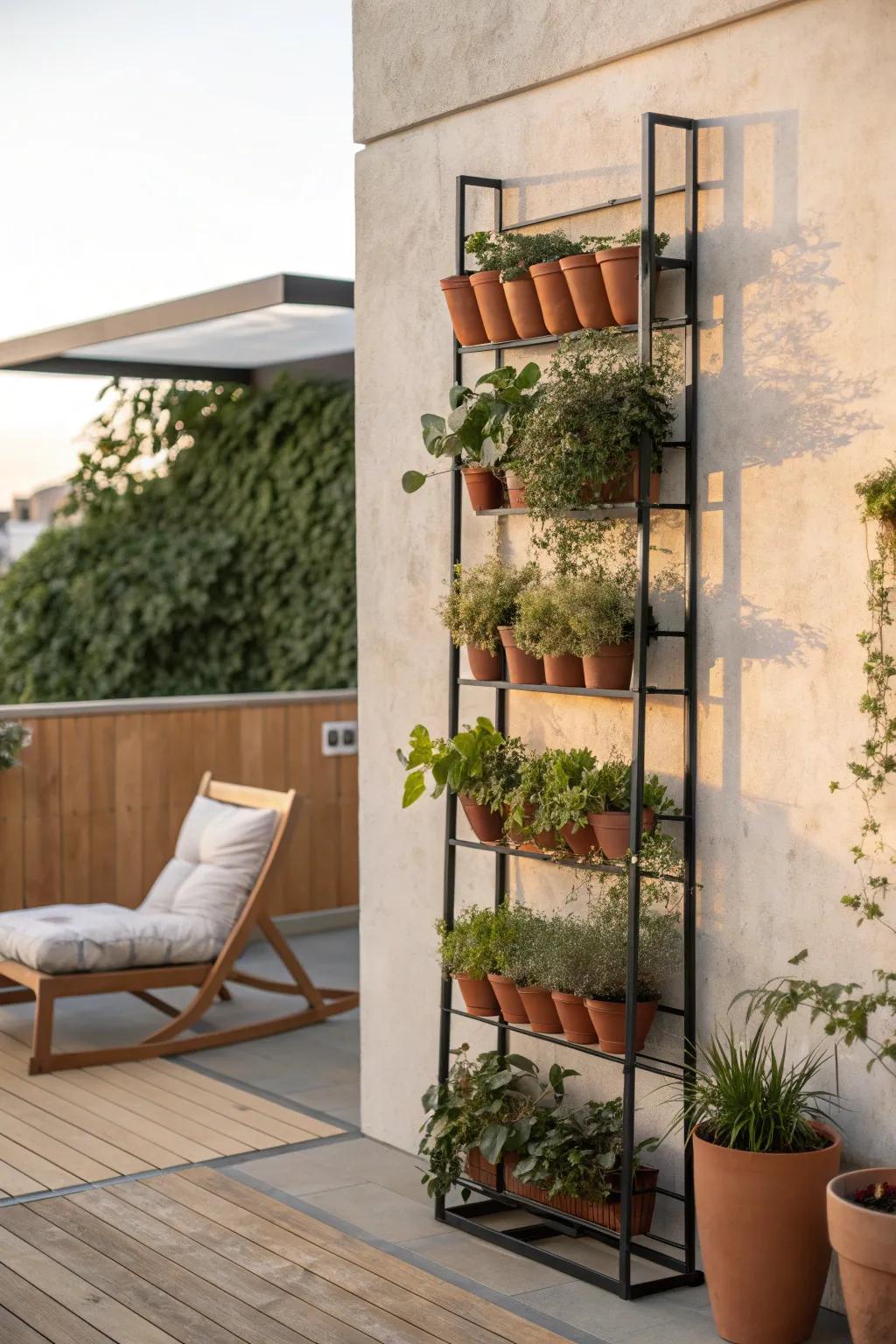 A vertical garden wall turns a tiny terrace into a lush green backdrop—no floor space needed.