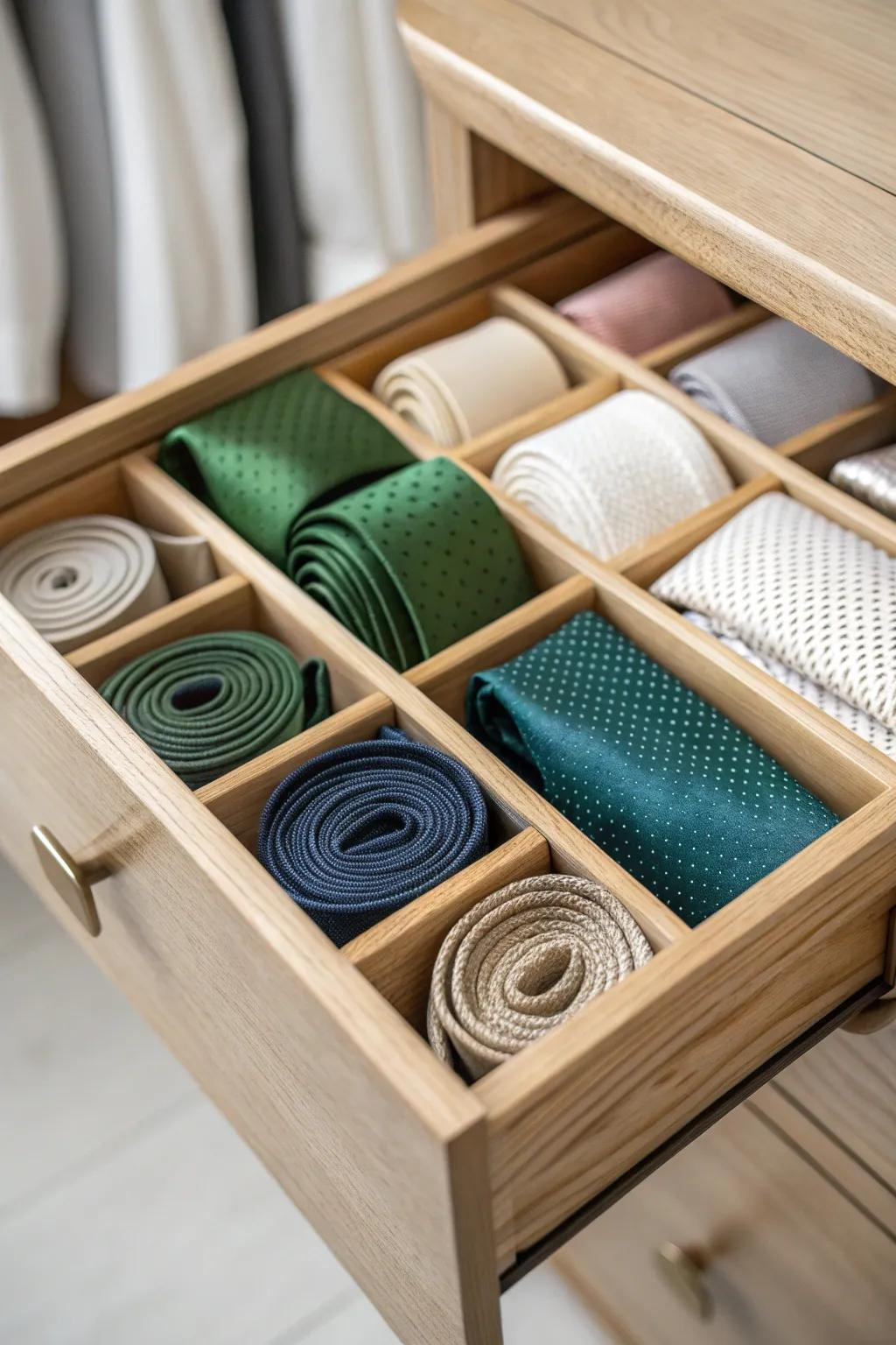 Rolled ties in wooden drawer dividers—hidden, crease-free, and easy to grab at a glance.