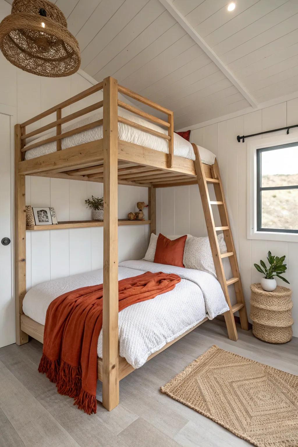 A loft bed turns ceiling height into usable space—instantly opening the floor for a cozy zone below.