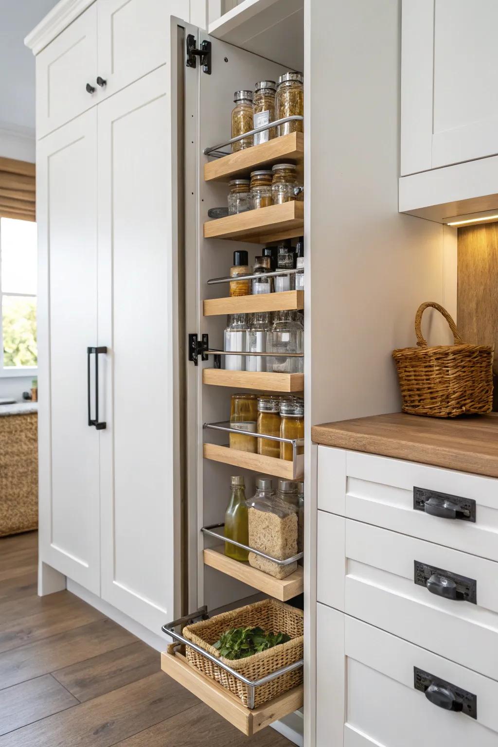 A slim pullout pantry turns a few wasted inches into sleek storage for spices and oils.