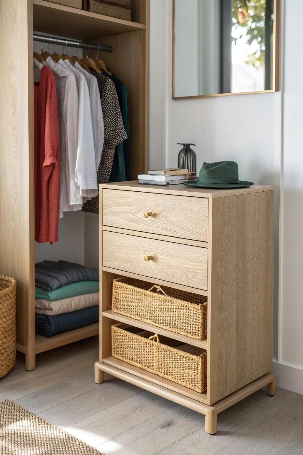 Slide slim stackable drawers under hanging clothes to turn tiny-closet airspace into storage.