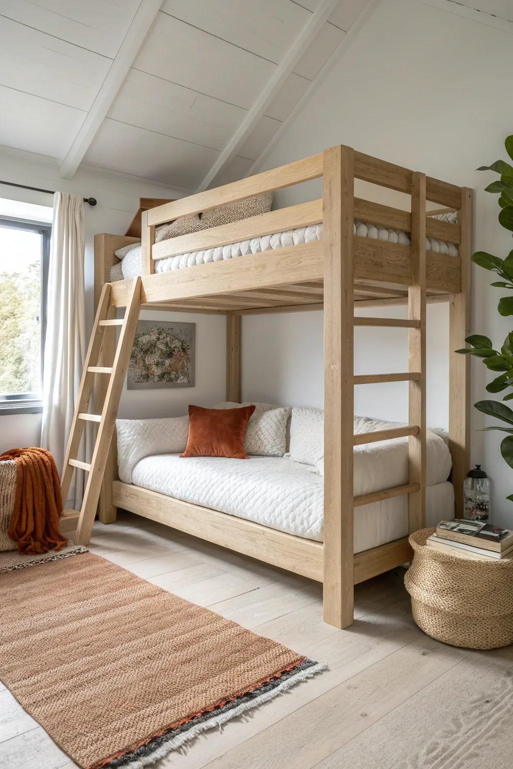 Lofted bed, instant lounge: warm oak craftsmanship with a cozy tiny living room below.