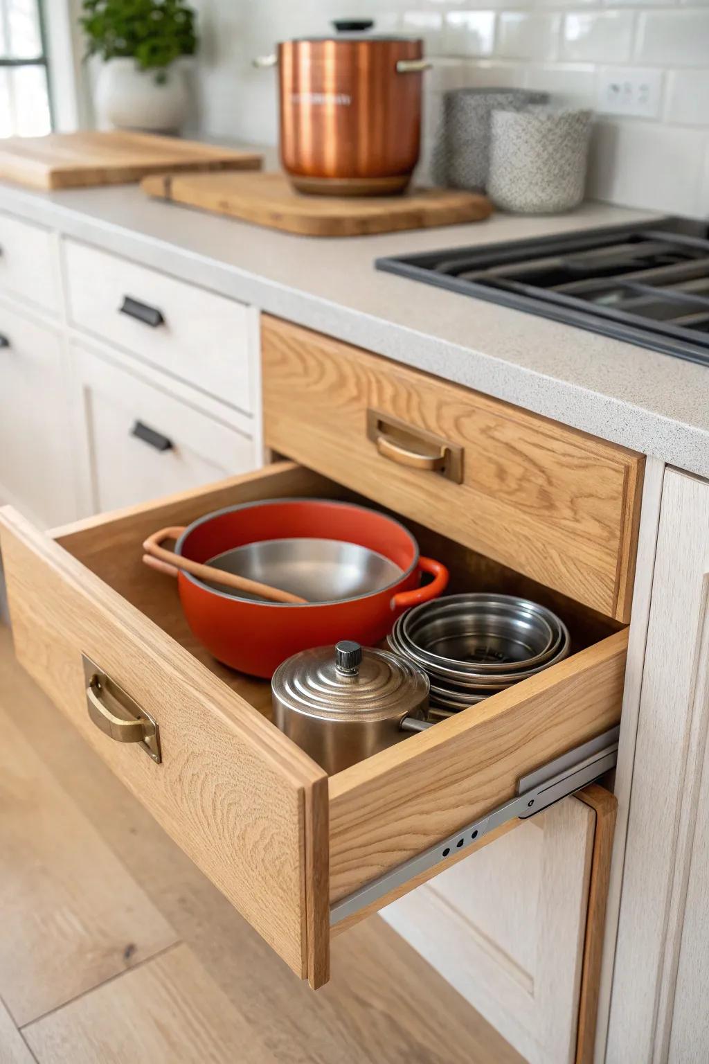 Deep drawers keep pots visible and within reach—no more digging in tiny kitchens.