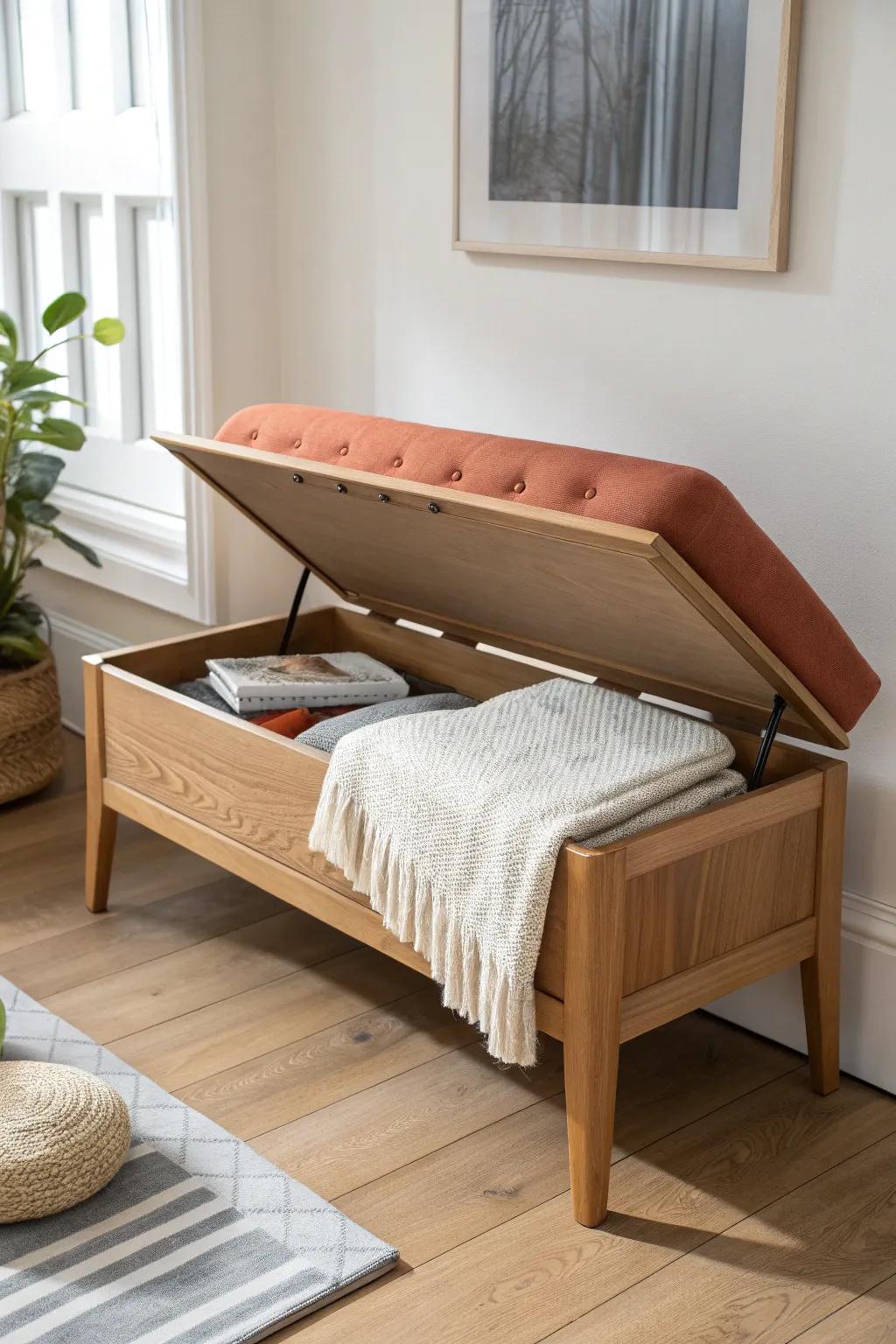 Lift-top bench seating hides blankets and games—tiny house storage that looks truly luxe.