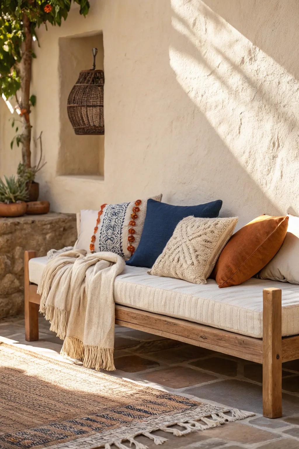 Daybed styling turns a tiny room into a lounge—layer pillows and add one bold color pop.