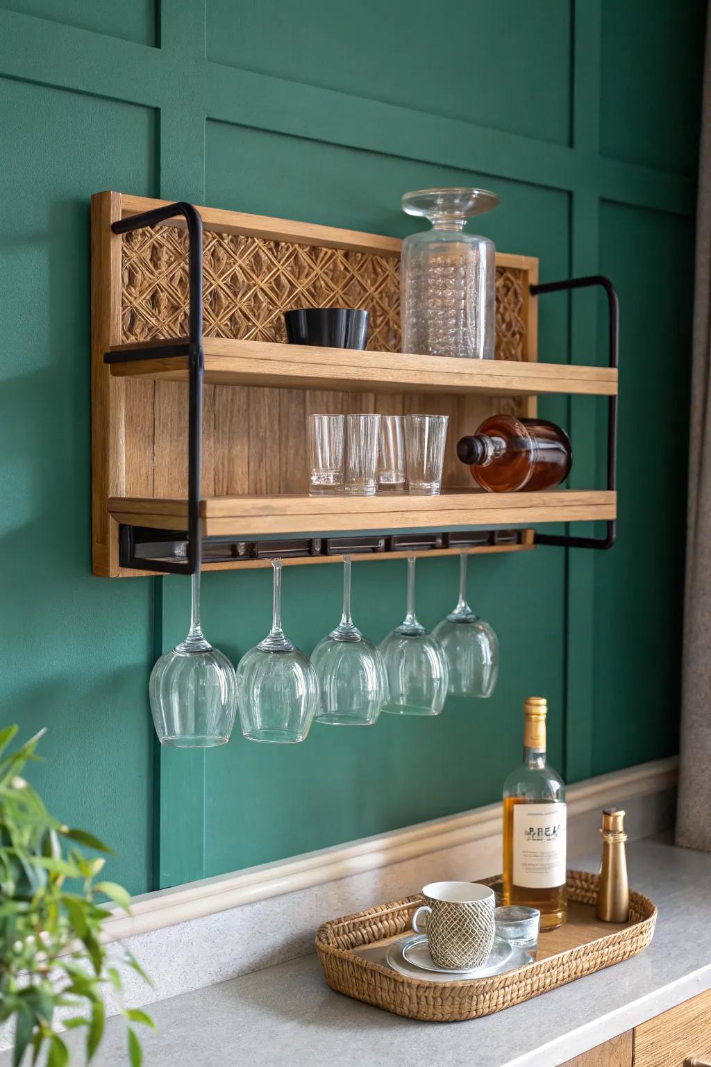 Tiny man cave win: wall mini‑bar shelf keeps cocktails handy and the walkway totally clear.