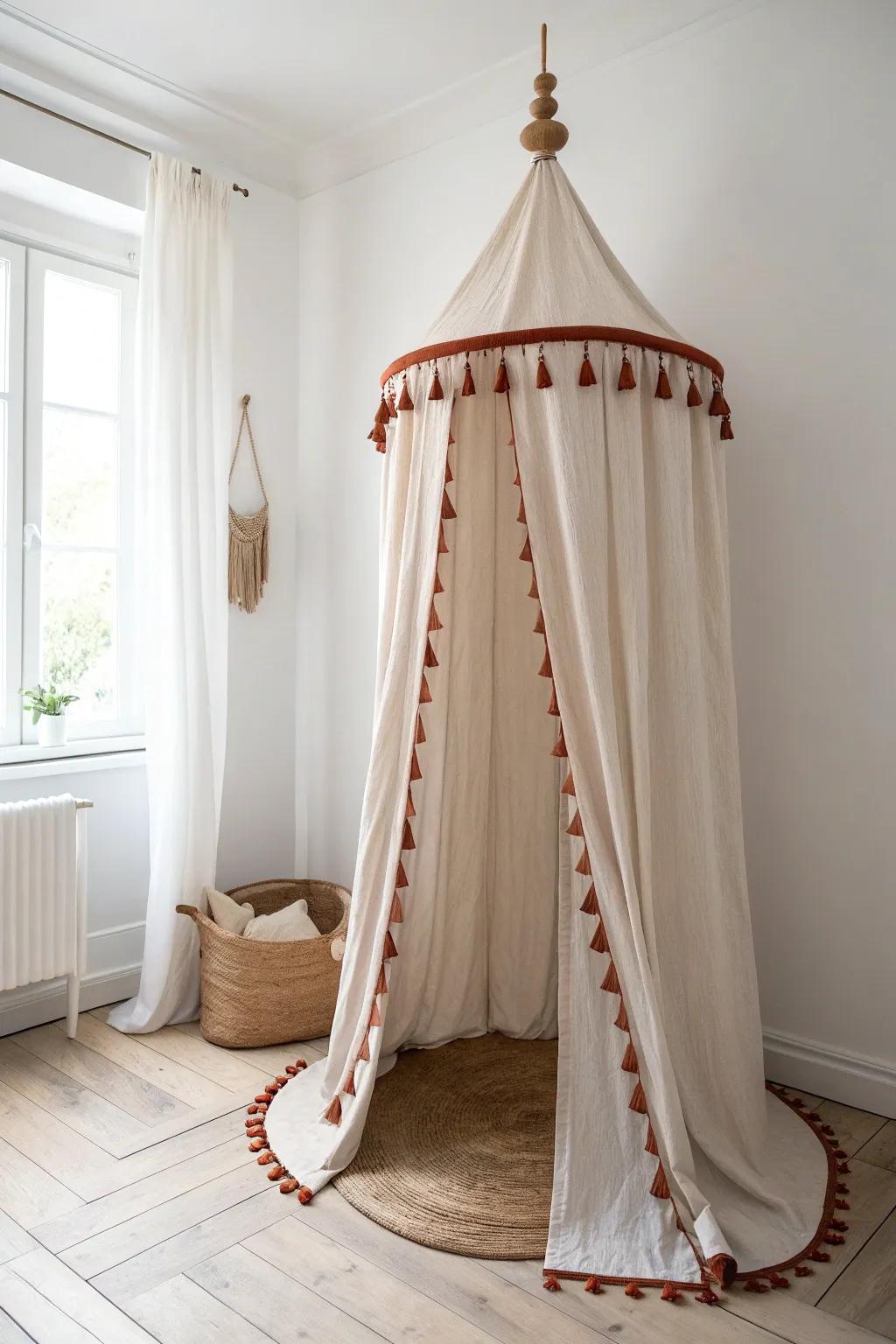 An airy linen canopy transforms a small corner into a calm, cozy toddler reading hideout.