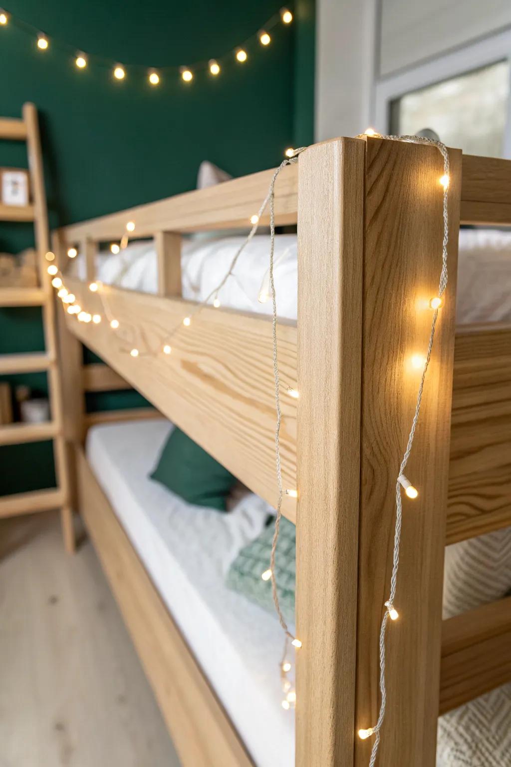 Soft warm string lights tucked along the top bunk rail make the whole space feel instantly cozier.
