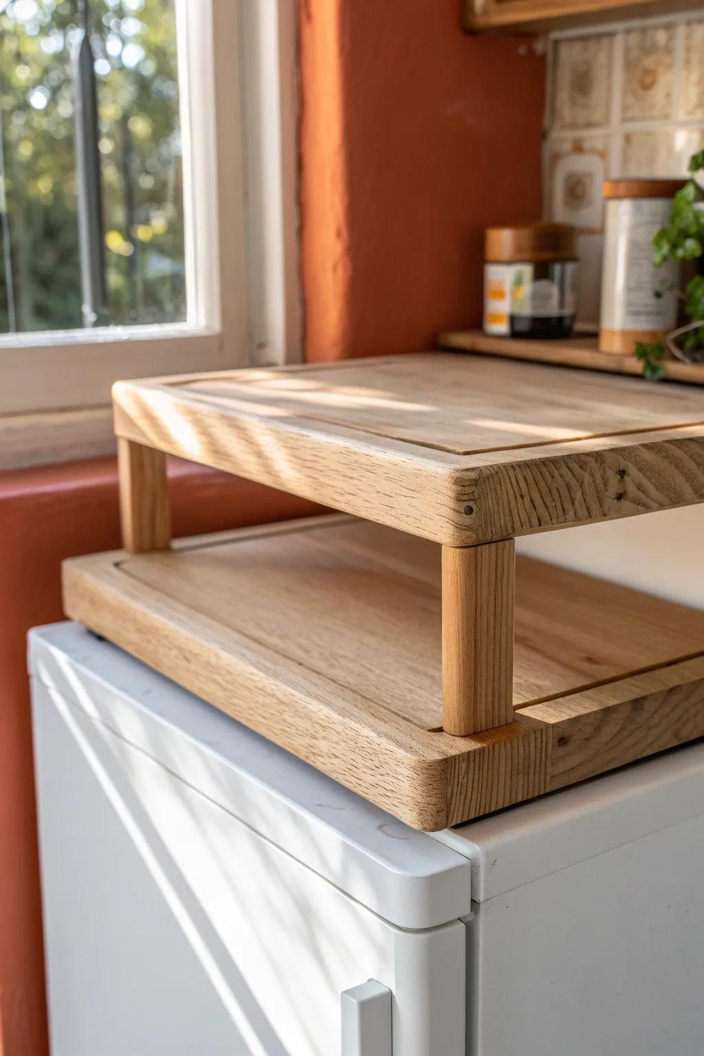 A tiered shelf riser turns fridge-top clutter into two neat levels—easy reach, zero fuss.