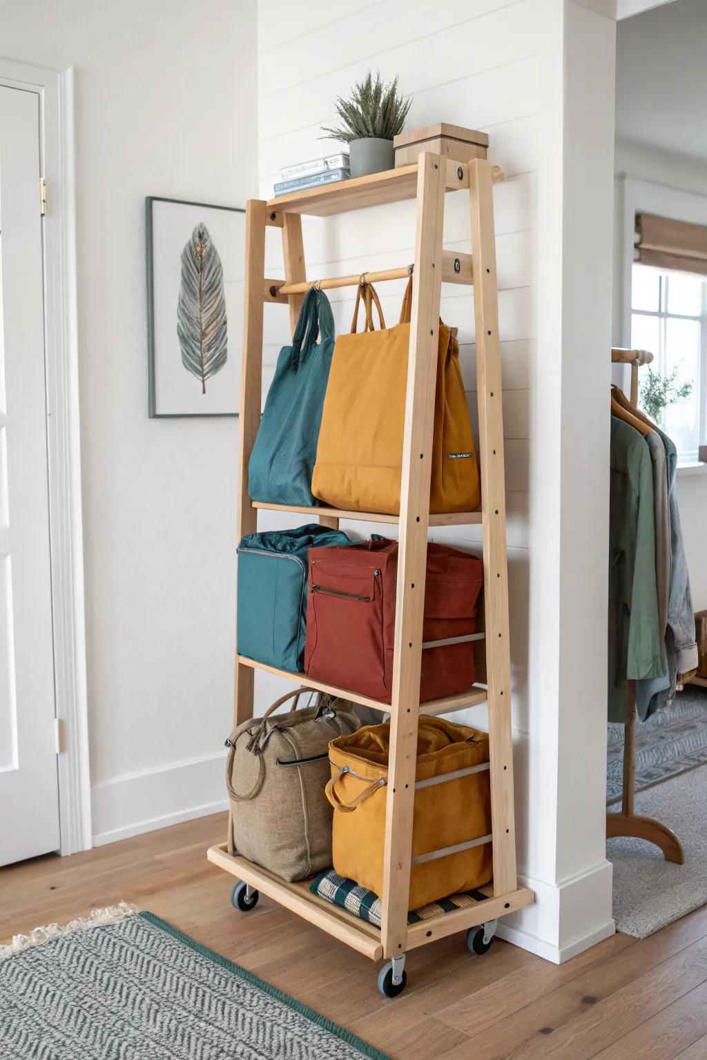 A slim rolling tote rack with locking casters—perfect for narrow closets and easy grab-and-go storage.