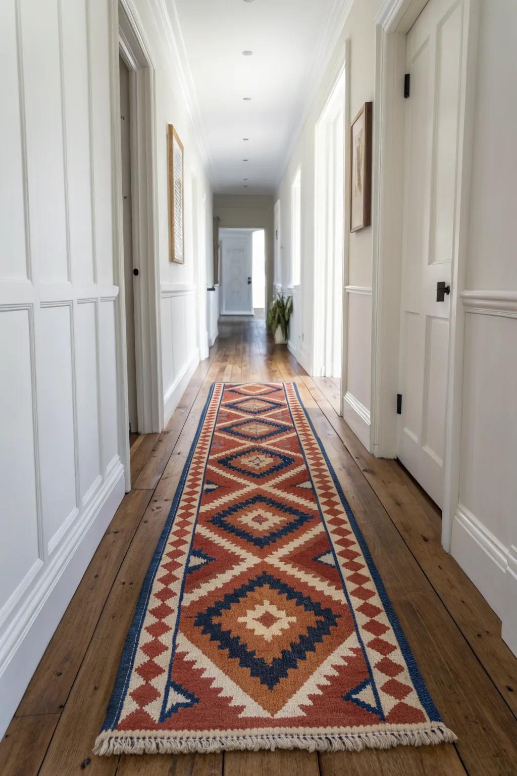 A low‑pile hallway runner turns a narrow townhouse entry into a clean, intentional path.