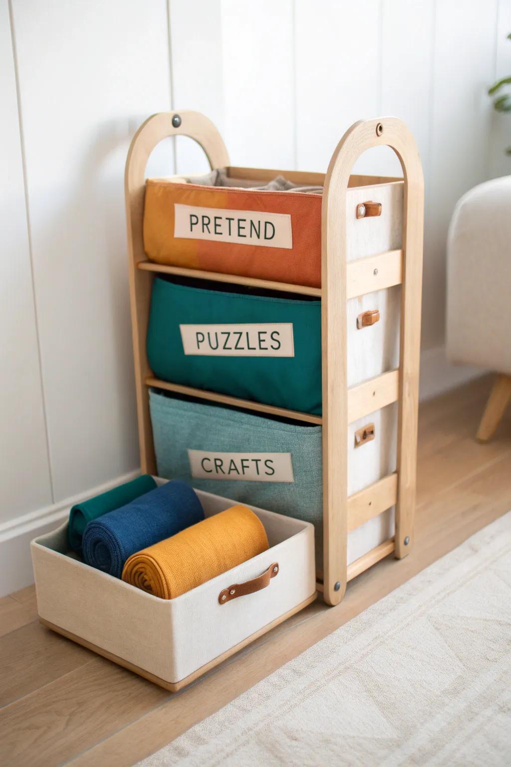 One pretty caddy, three toy zones: pretend, puzzles, and crafts—perfect for small-space living.