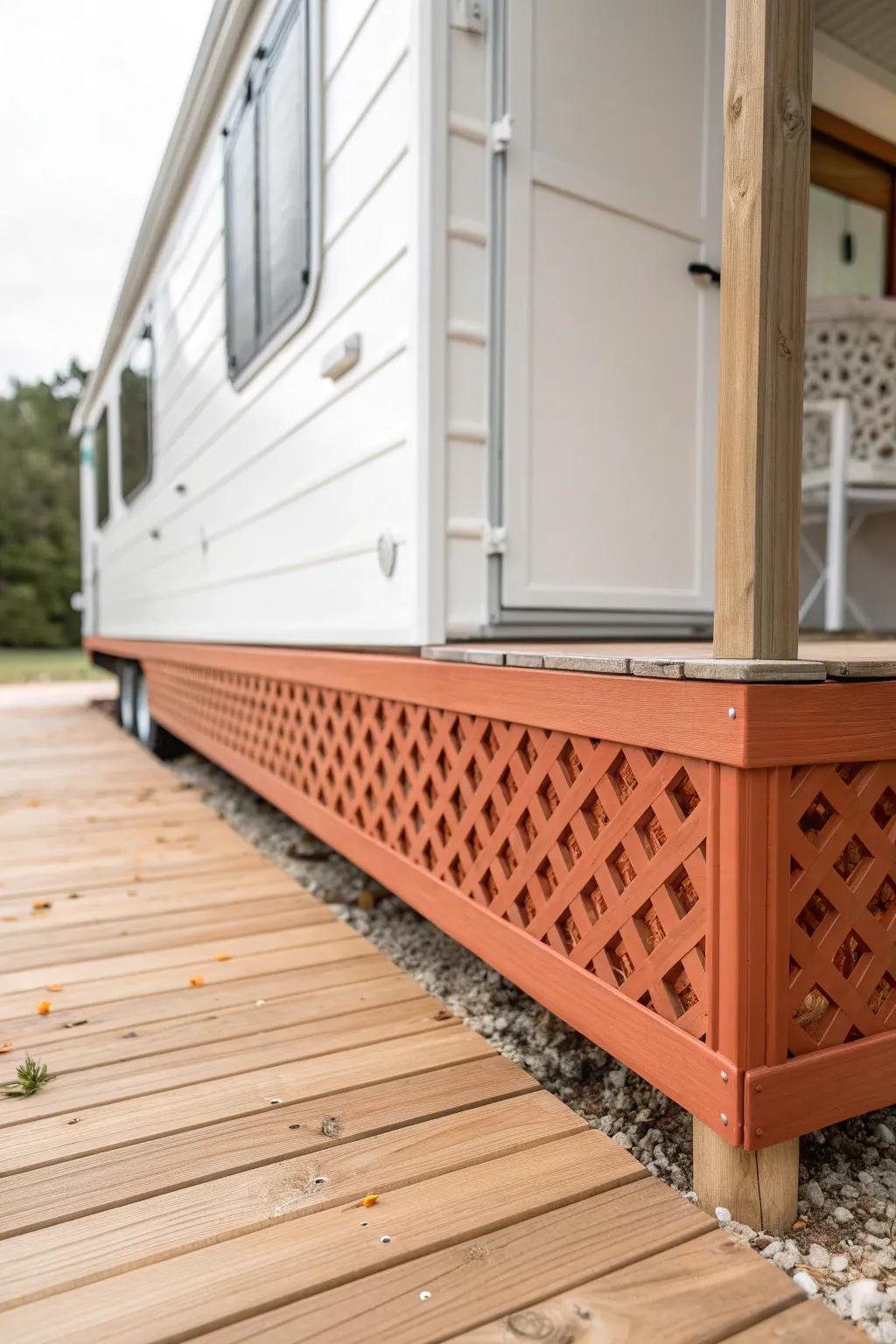 Ground your trailer porch with chic skirting—hides the underside and keeps critters out.