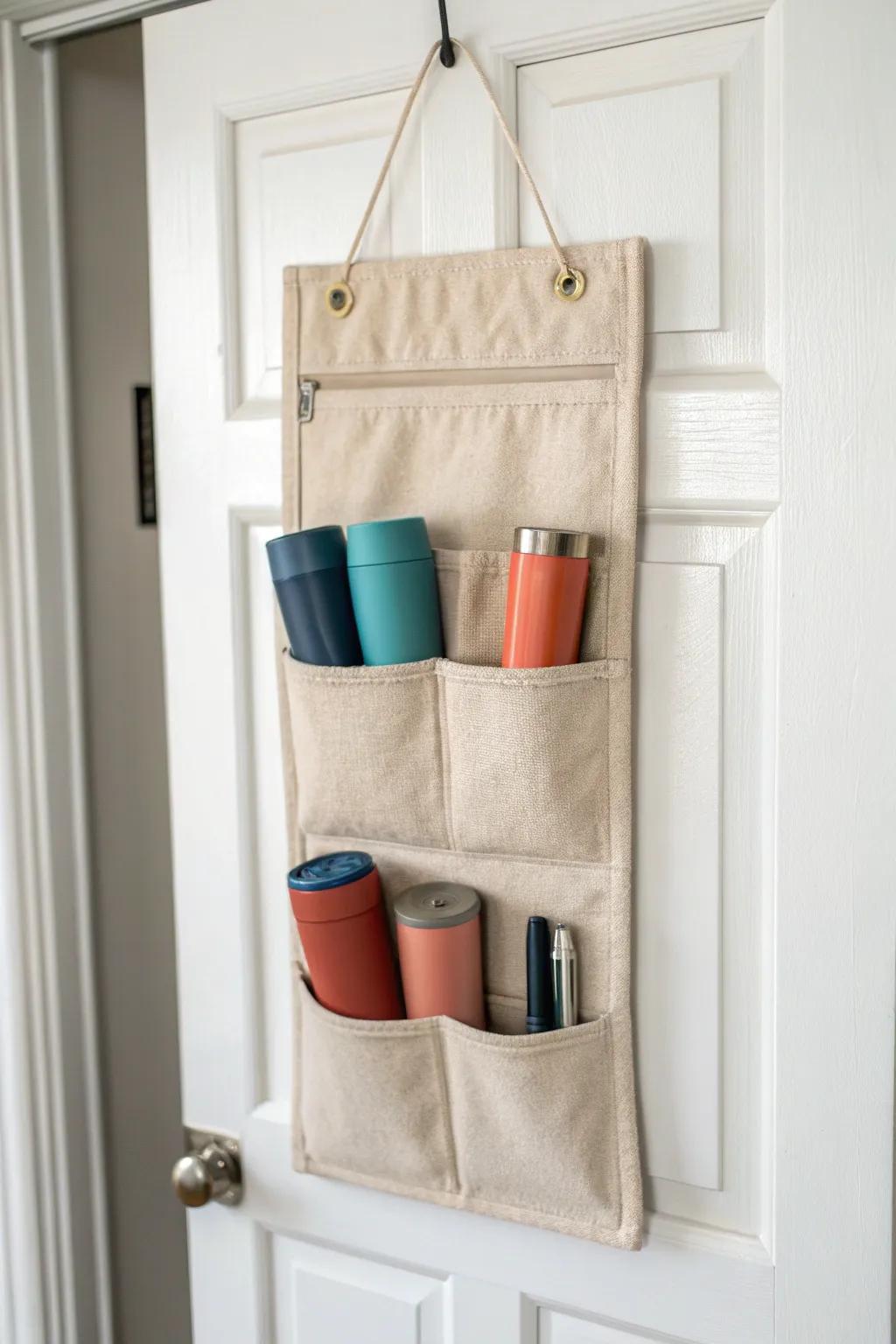 Chic pocket organizer on the pantry door keeps every tumbler upright and frees cabinet space.
