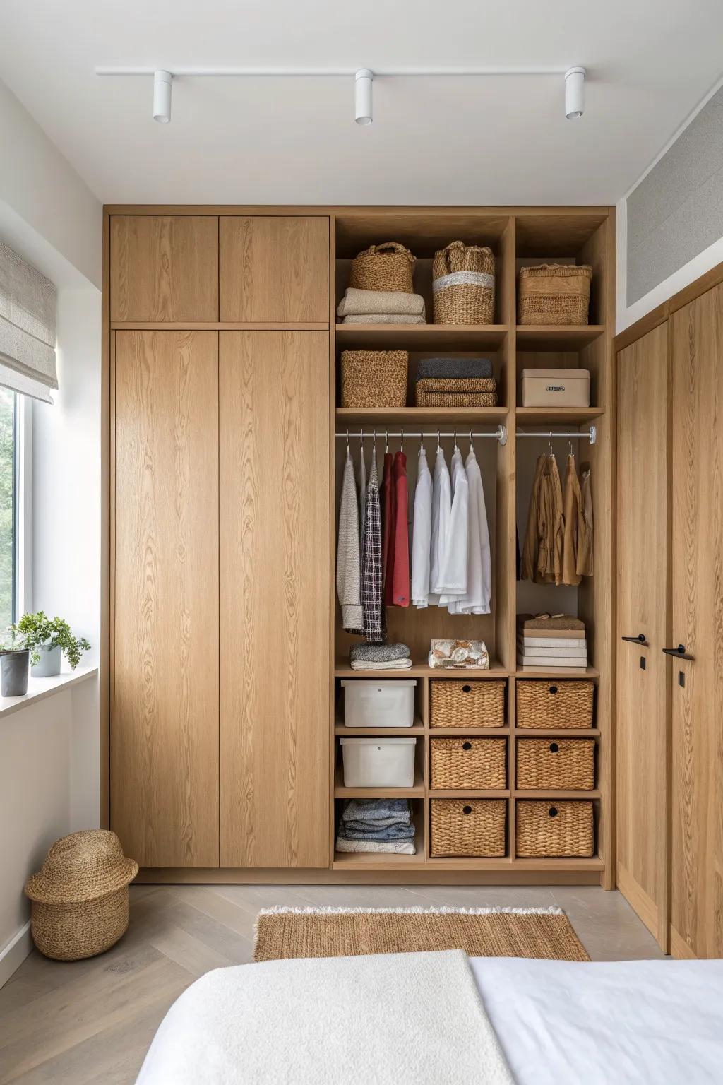 Floor-to-ceiling wardrobe wall turns a bedroom into a calm, intentional closet—plus seasonal storage.