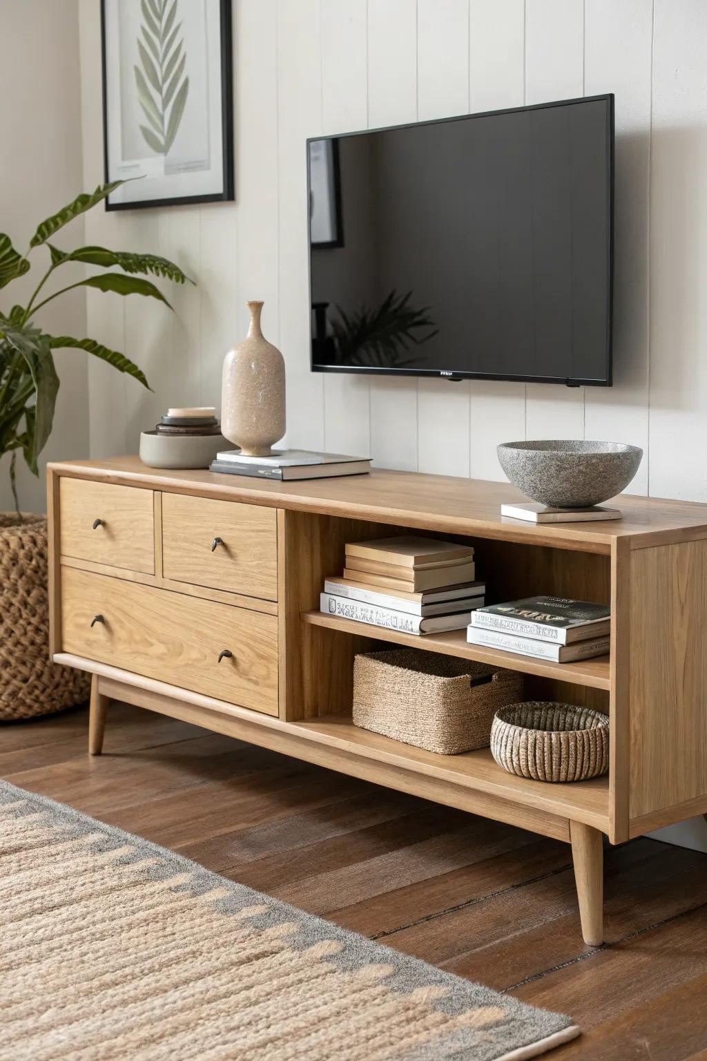 Closed drawers hide tech, open shelves display books and ceramics for a clean, styled console.