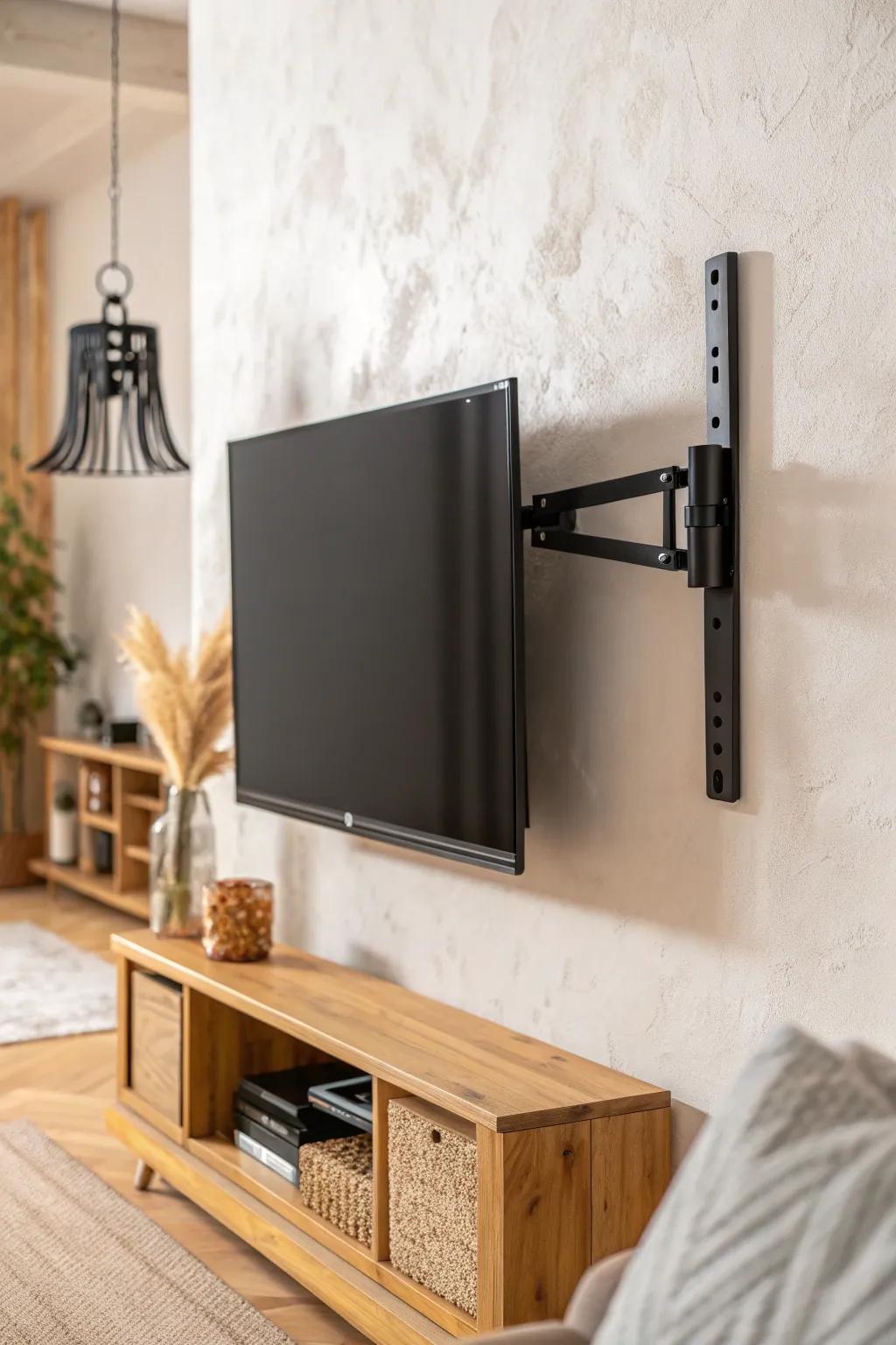 A swivel-mounted TV lets you angle the screen to sofa or bed—flex views in one sleek setup.