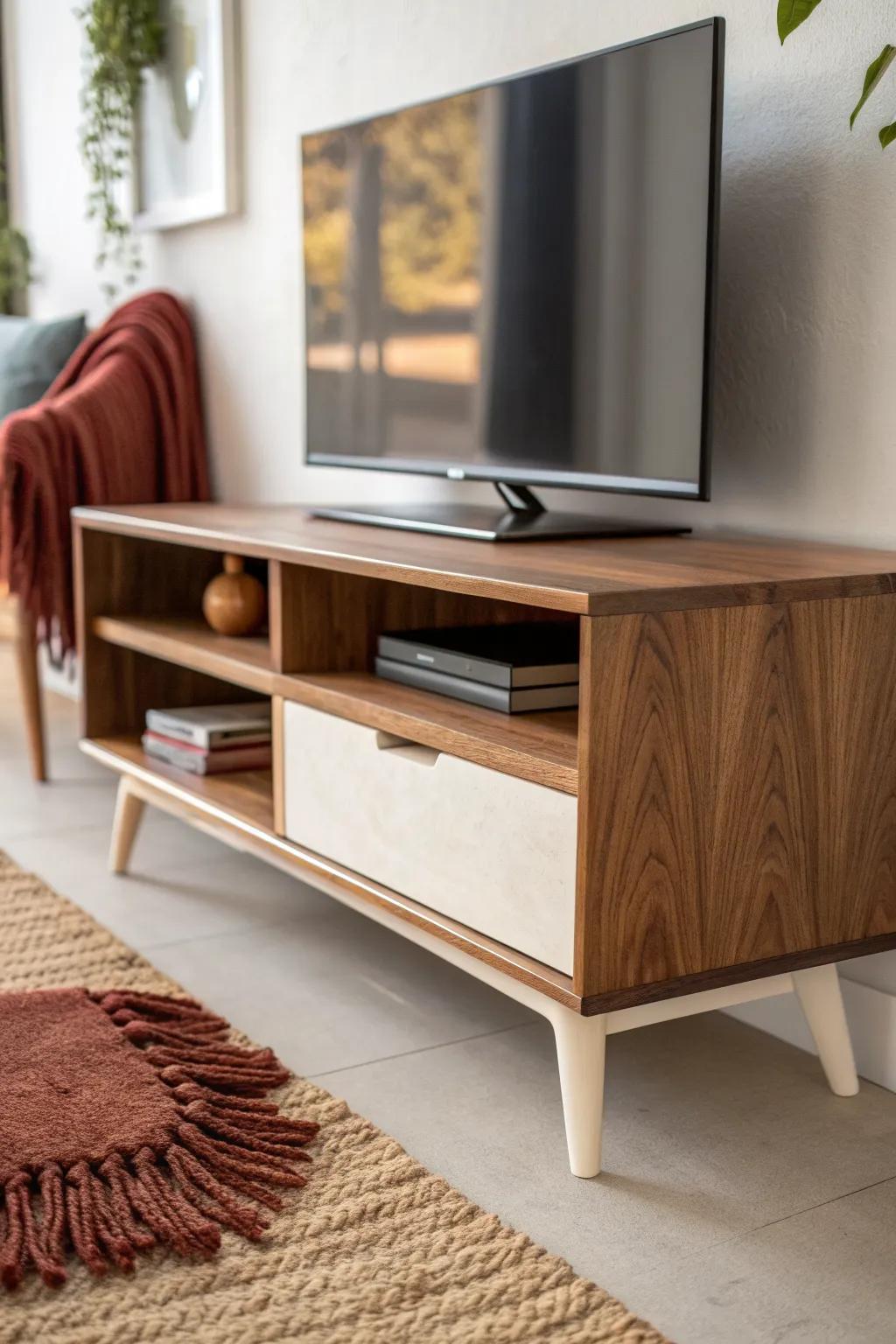 Restain the TV stand top in warm walnut to instantly cozy up a small, neutral room.