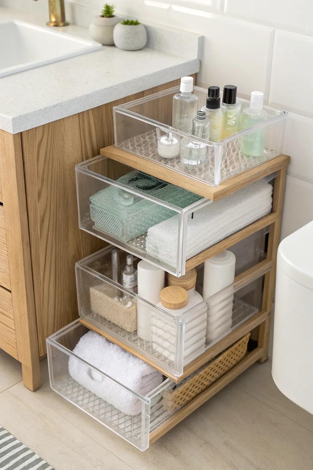 Stackable clear drawers turn under-sink clutter into a calm, easy-to-see system.