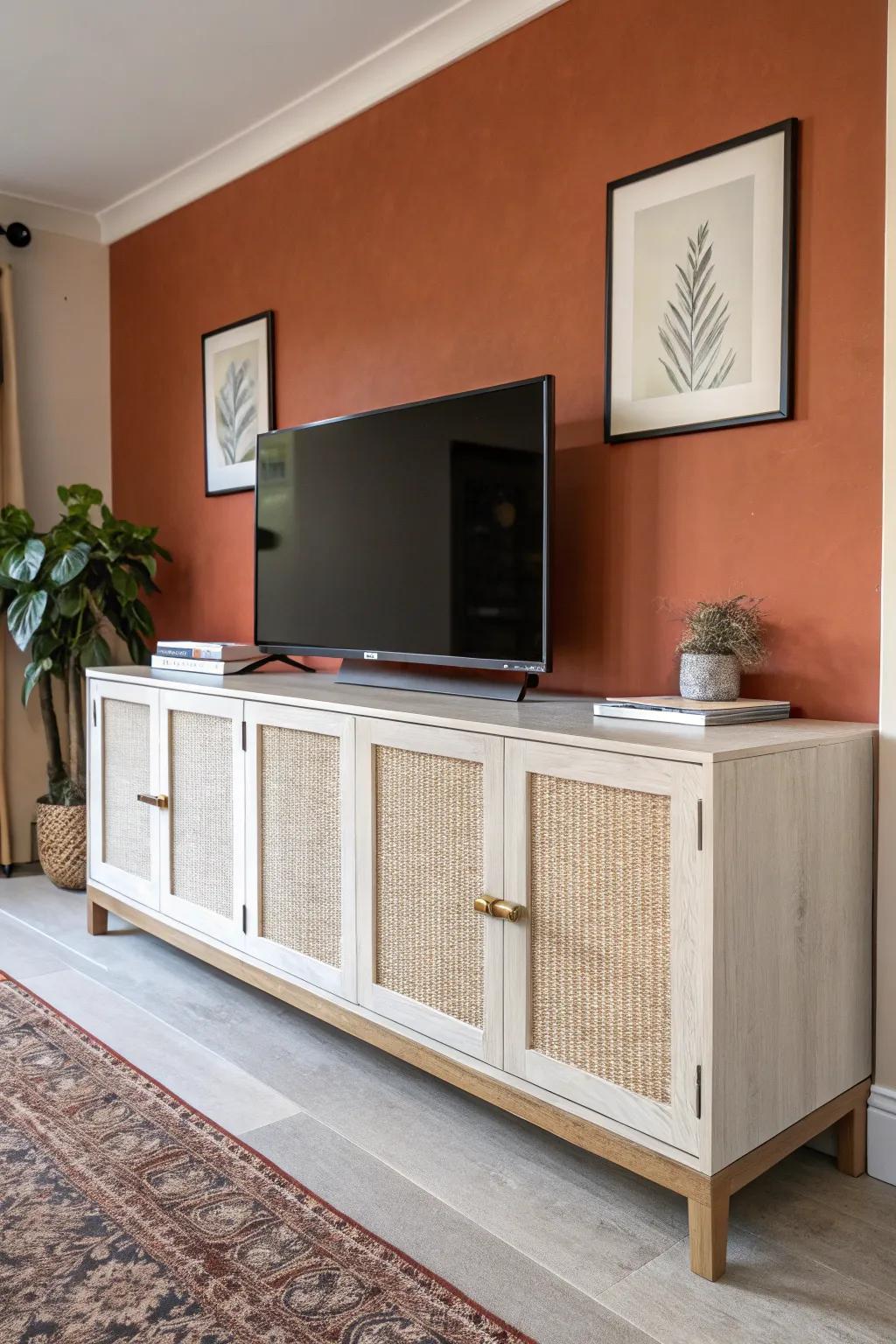 Faux built-in under-TV cabinets with one seamless top—rental-friendly, custom and clutter-hiding.