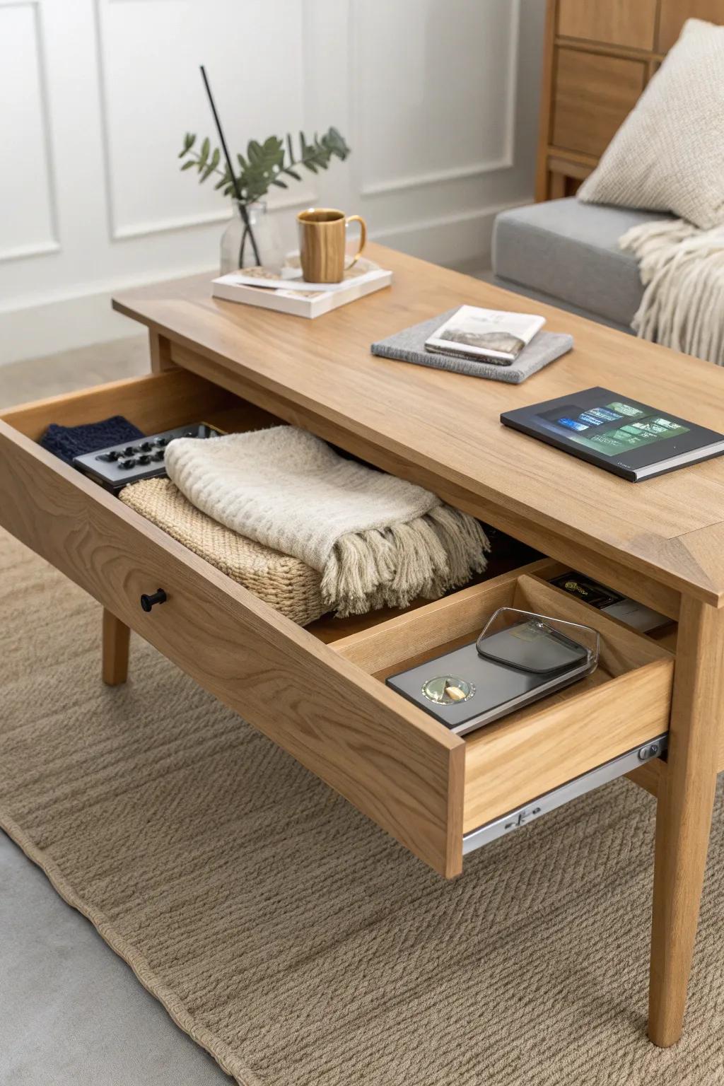 Lift-top coffee table hides games, cords & blankets—small-space magic with Scandinavian charm.