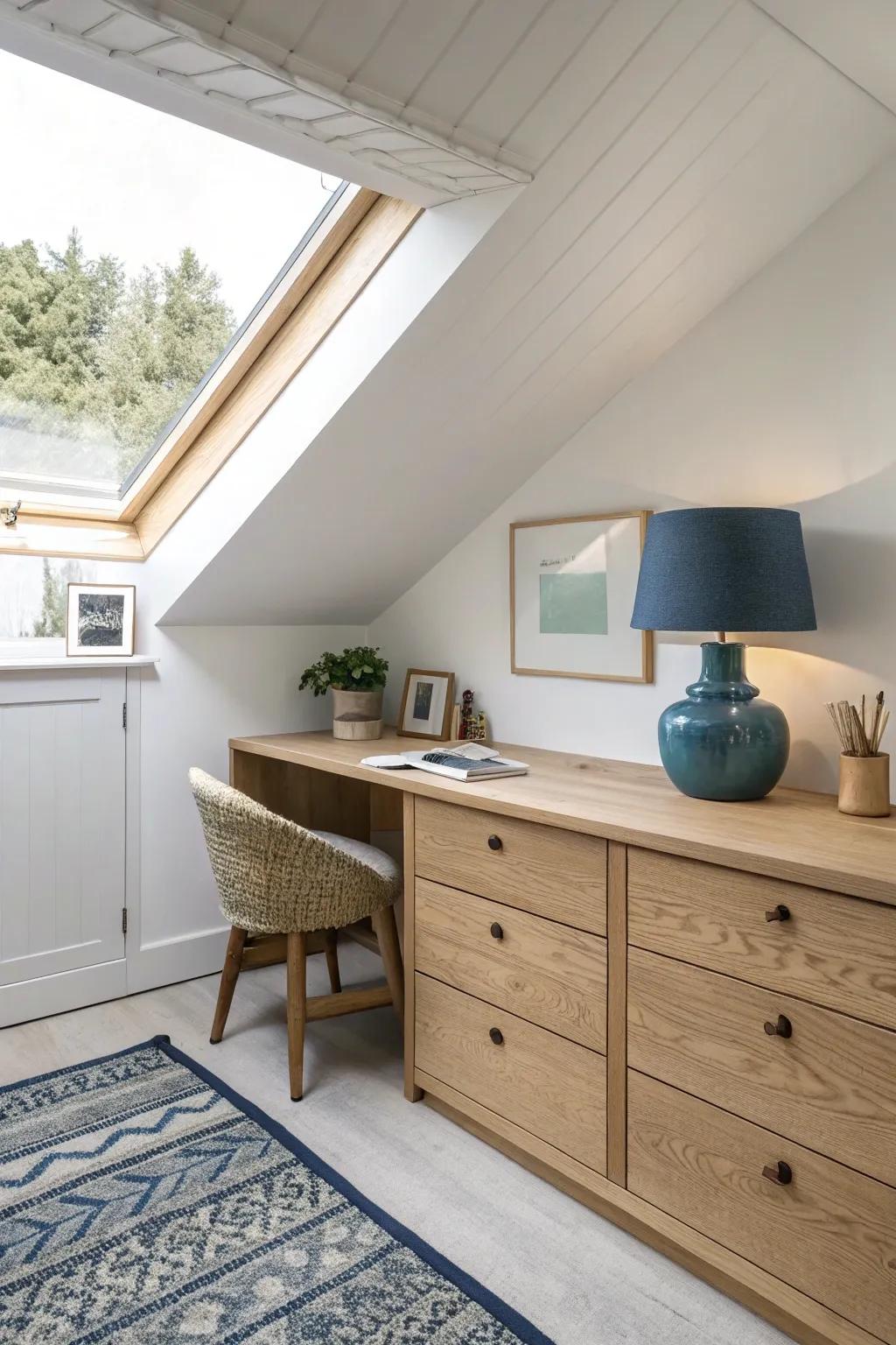 A built-in desk under the eaves turns low ceiling space into a bright, beautiful loft office.