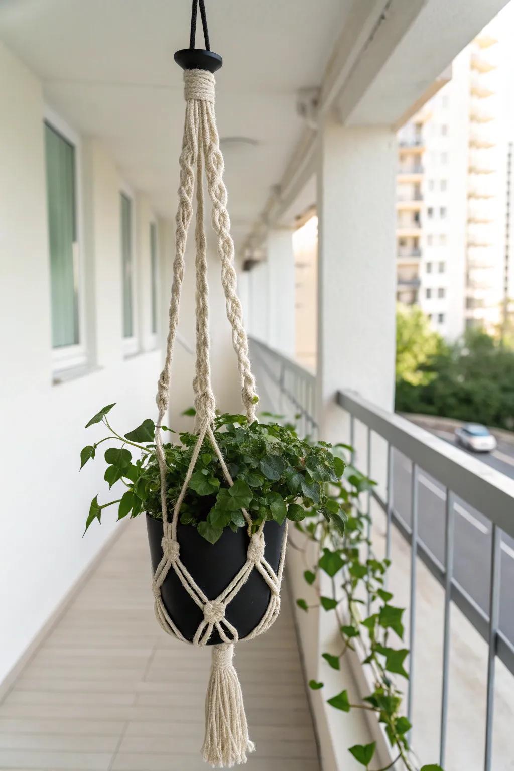 Lift greenery upward: a corner hanging planter that frees floor space and brightens tiny balconies.