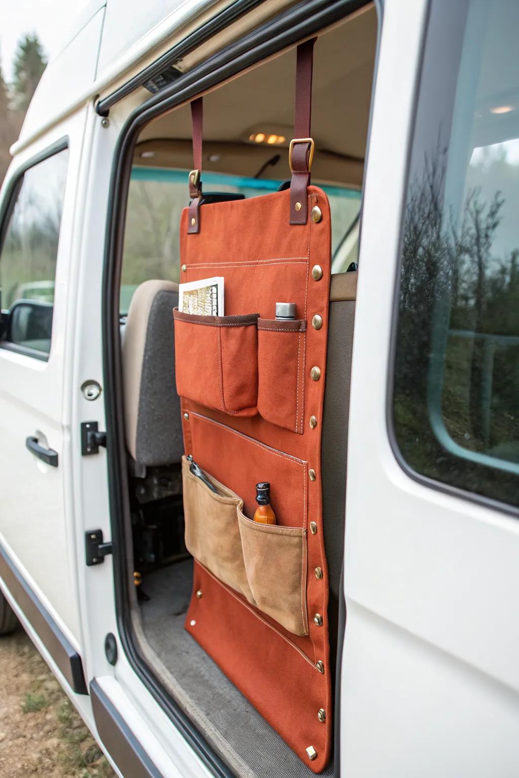 Rear-door pocket organizer keeps van essentials visible—no more digging through bins.