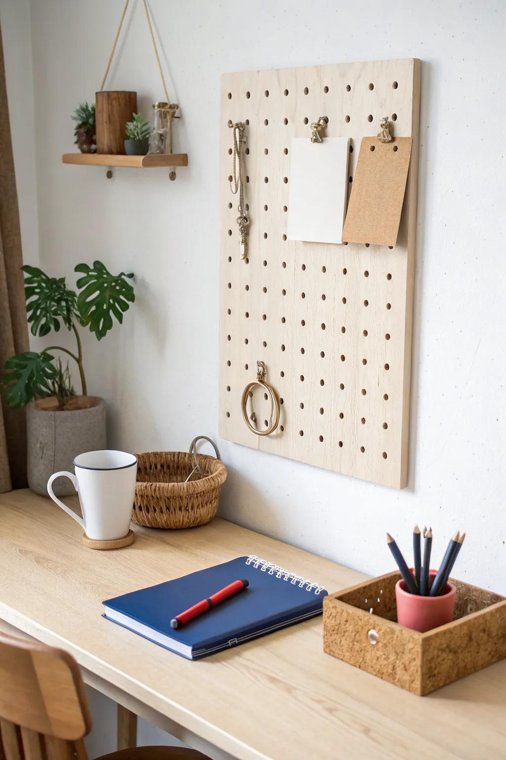 A chic pegboard command center keeps small-space tools visible, tidy, and easy to swap.