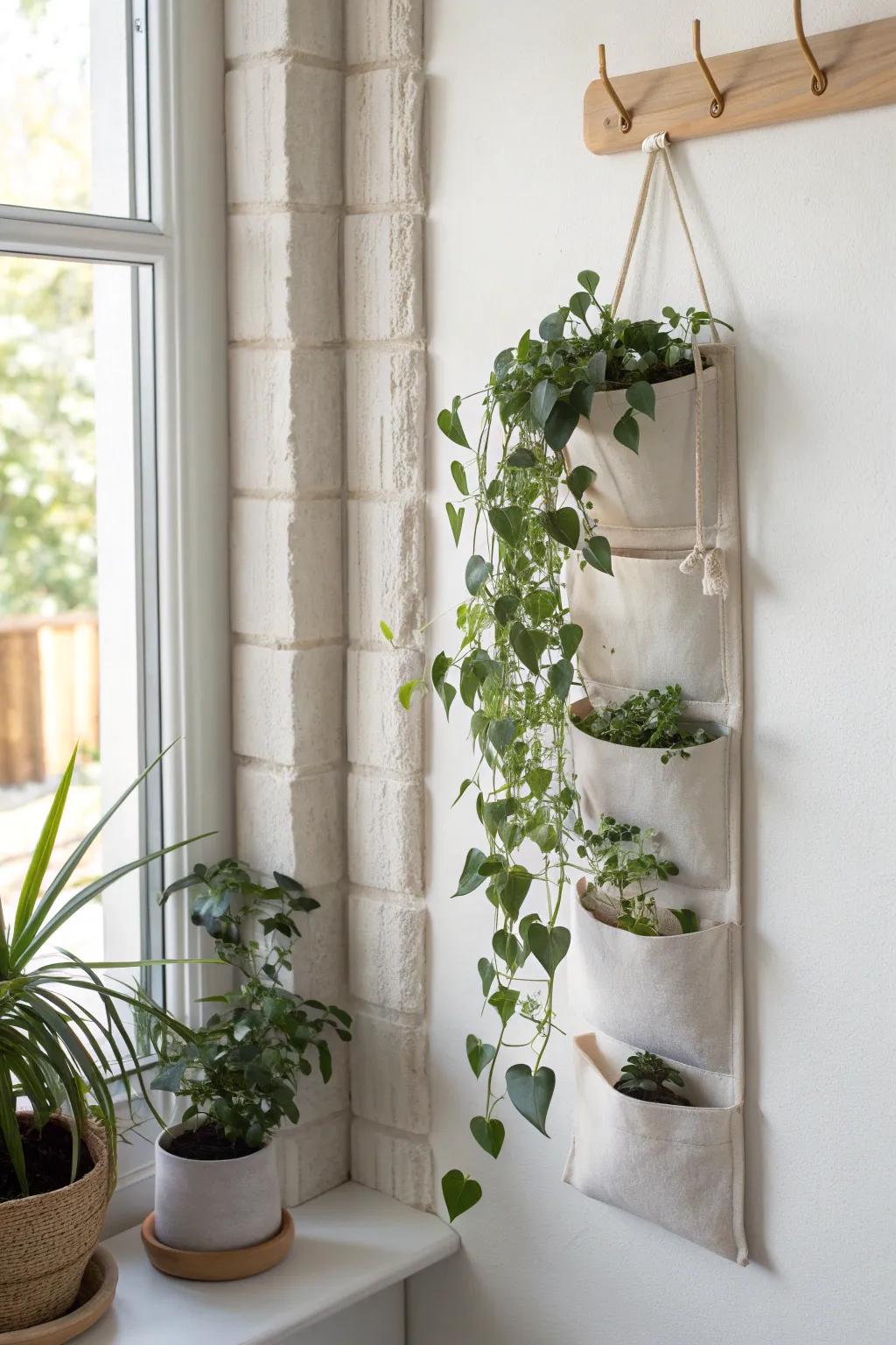 Wall planter pocket strip: a zero-footprint vertical garden that turns blank walls into art.