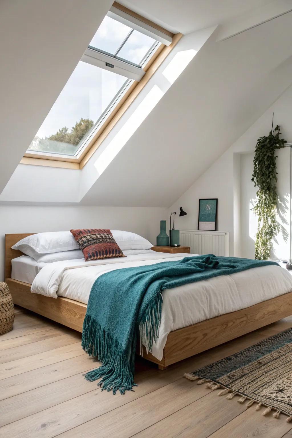 Center your tiny attic bed under the skylight for an airy, intentional feature wall.