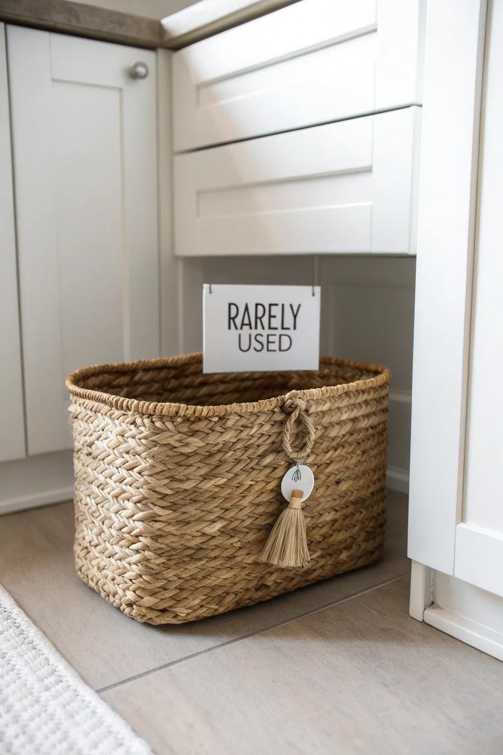 Turn the gap above cabinets into storage—one pretty labeled bin keeps rarely used items organized.