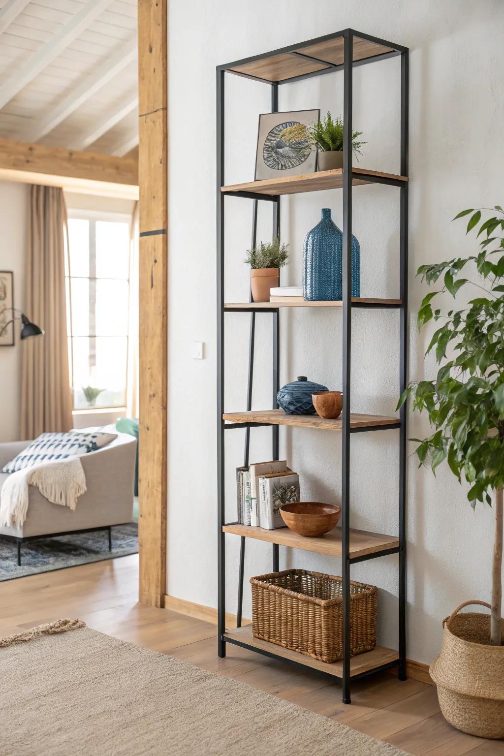 Open shelving divider = instant “rooms” plus hidden baskets—small studio, big calm energy.