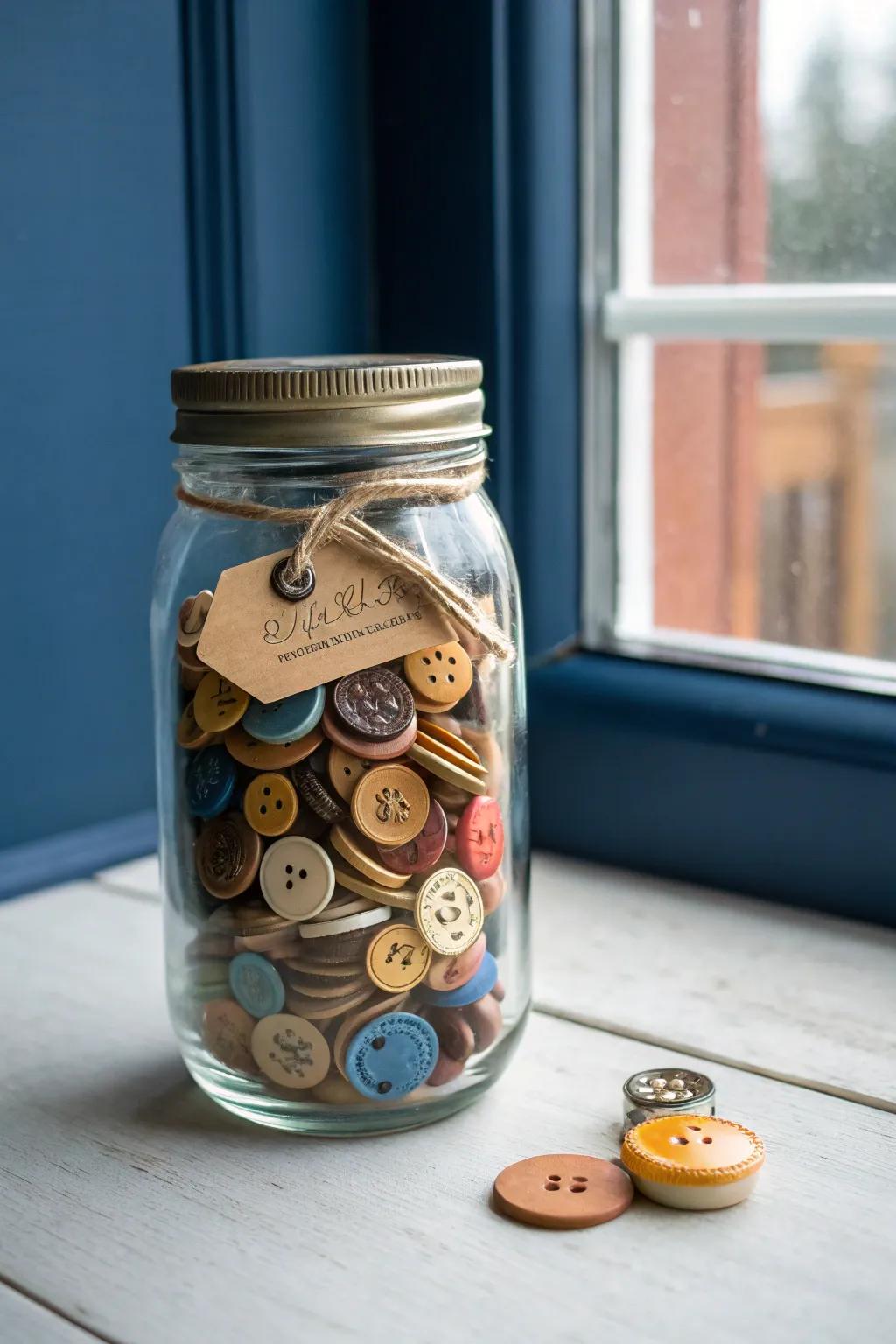 Vintage glass canning jar storage: see buttons, batteries & keys at a glance—no duplicates.
