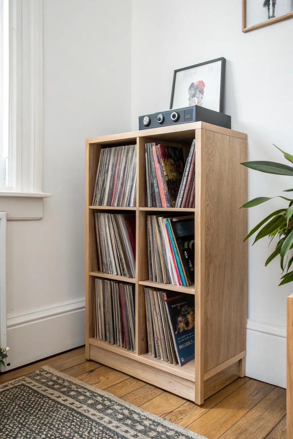 Turn a cube shelf into a mini vinyl gallery—neat spines with a few face‑out favorites.