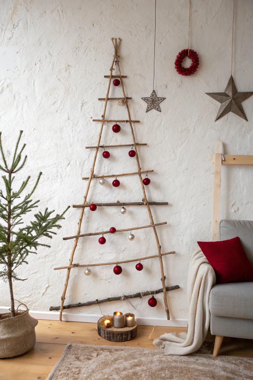 Minimal branch ladder wall tree—natural twine knots, warm shadows, and bold red accents.