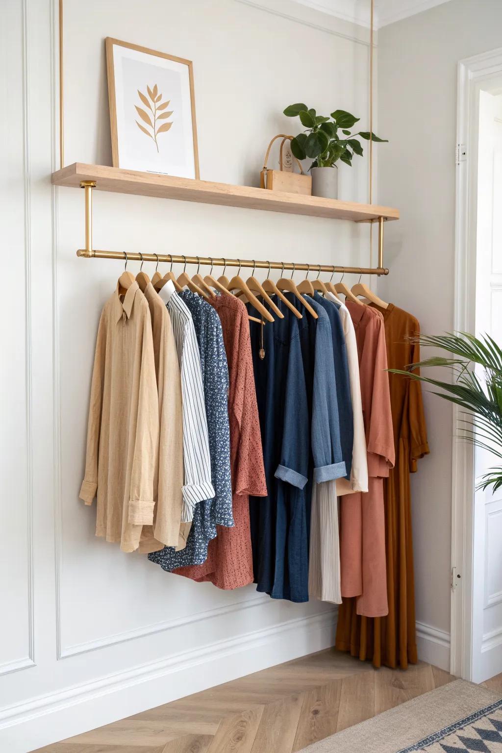 Open wall closet, boutique-style: matching hangers and color-sorted pieces for a tidy small room.