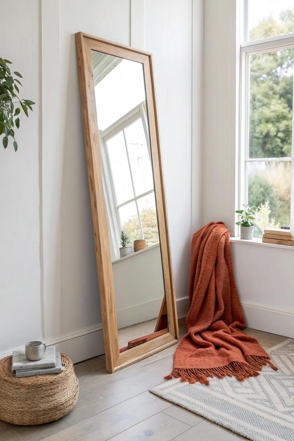 A tall corner mirror that doubles the light—and makes a narrow room feel instantly bigger.