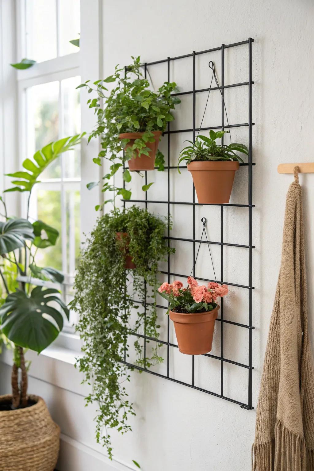 Metal grid wall garden: clip-on pots that move with your mood—small-space art + greenery.