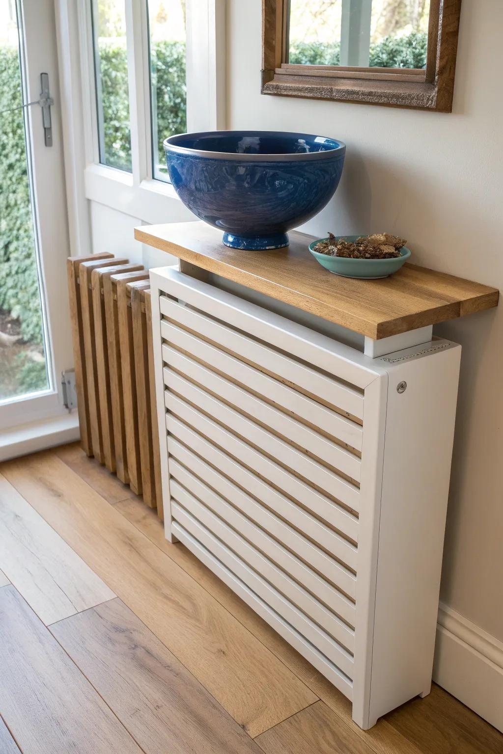 Console-style heater cover with slim ledge—an elegant landing strip for keys and mail.