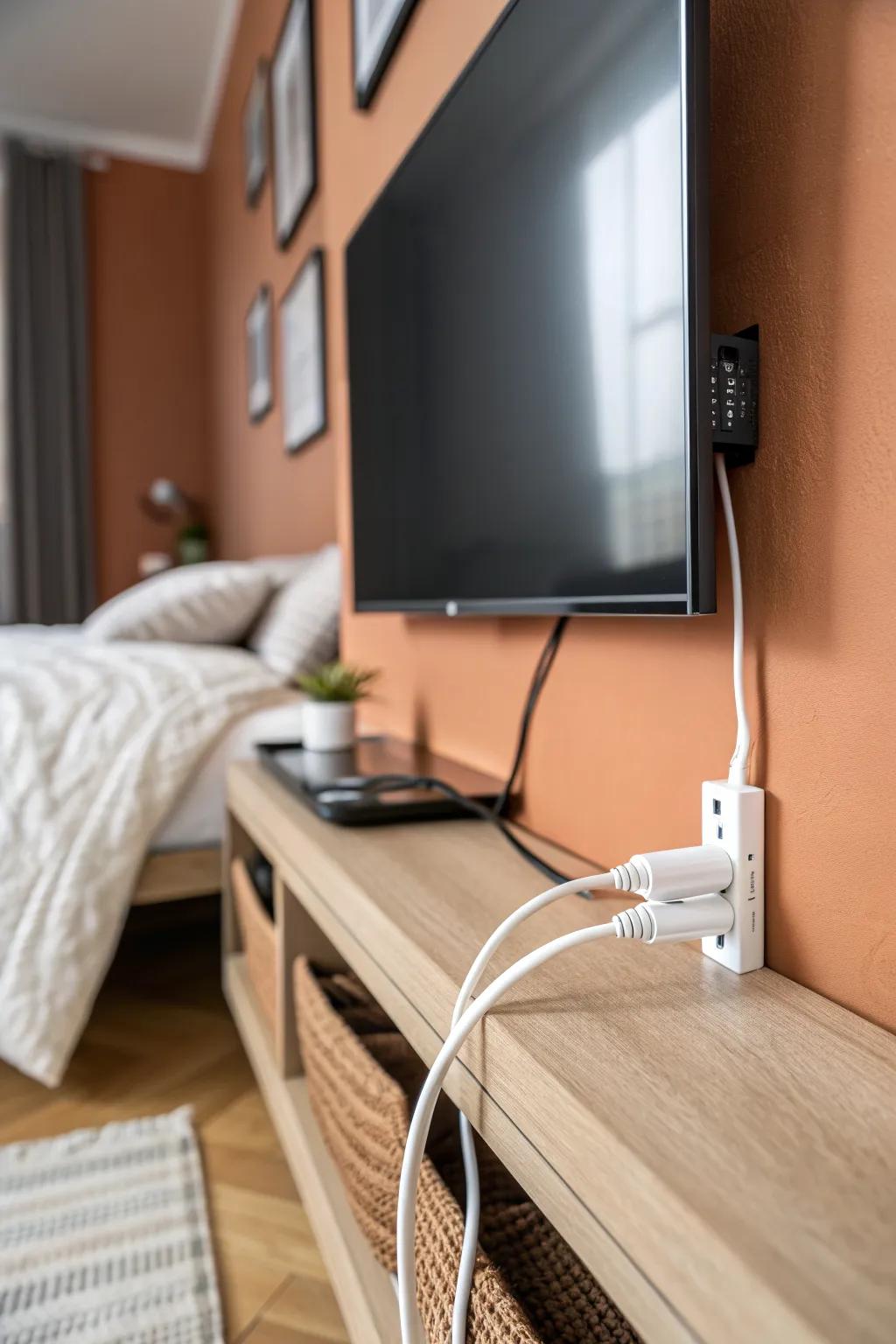 A simple cord cover creates a clean line under your wall-mounted TV for an instantly calmer bedroom.
