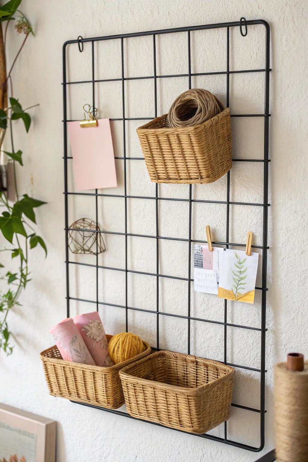Airy wire grid with clip-on baskets—keep notes and cords visible, tidy, and beautifully styled.