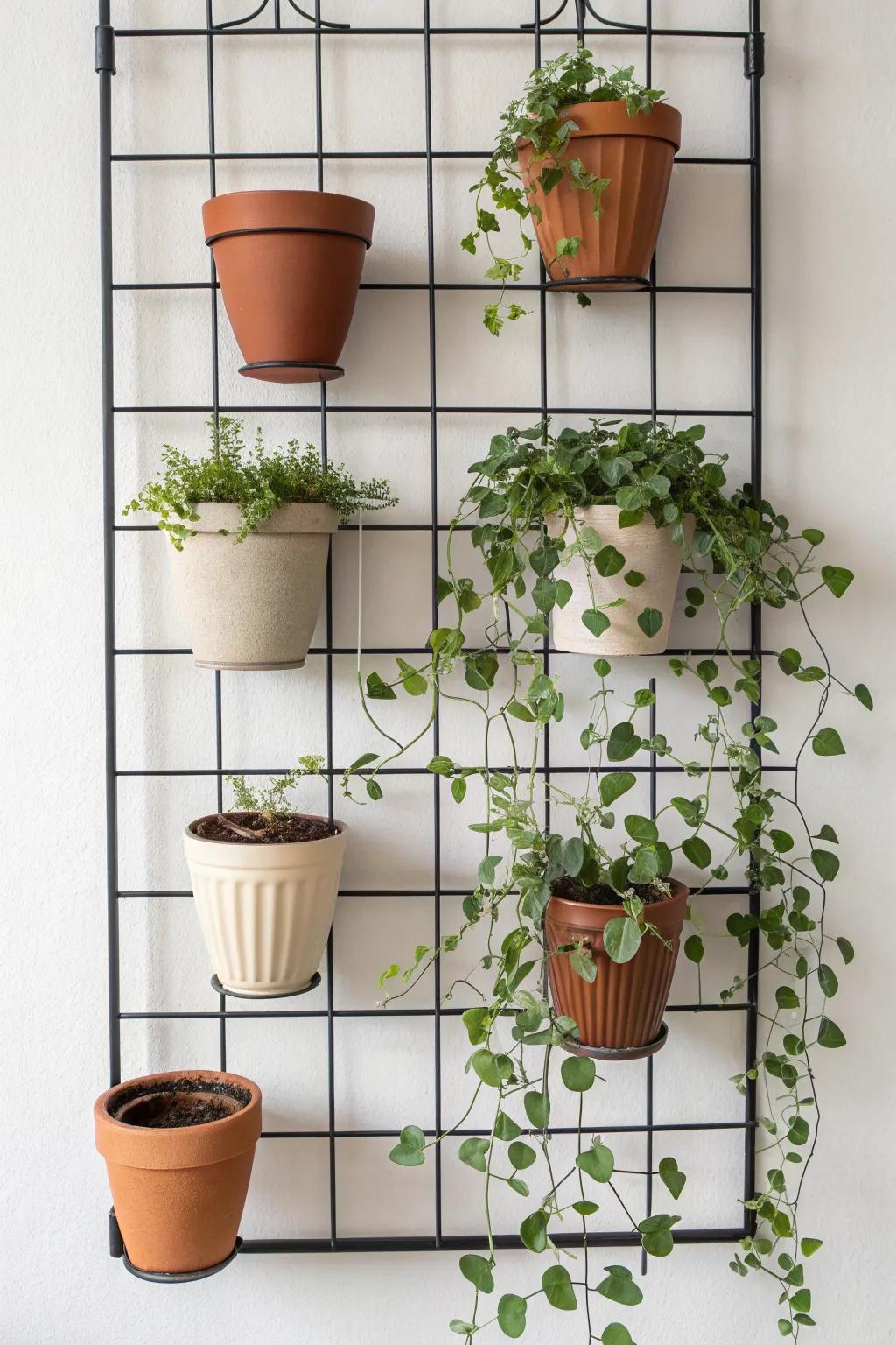 Rearrangeable grid wall with clip-on pots—tidy rows plus one trailing plant for softness.