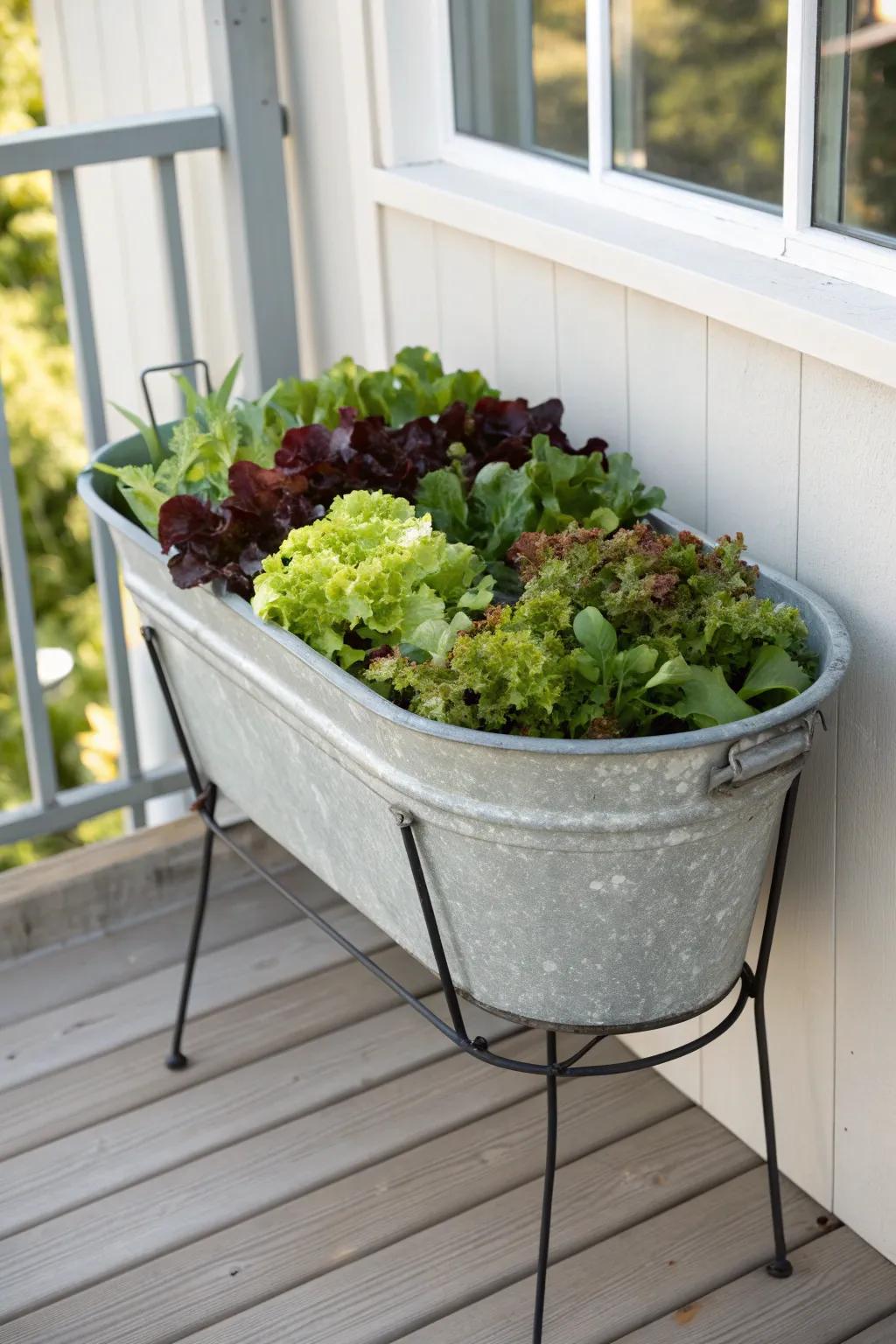 Raised water trough salad greens: a minimalist, boho balcony planter for easy weeknight harvests.