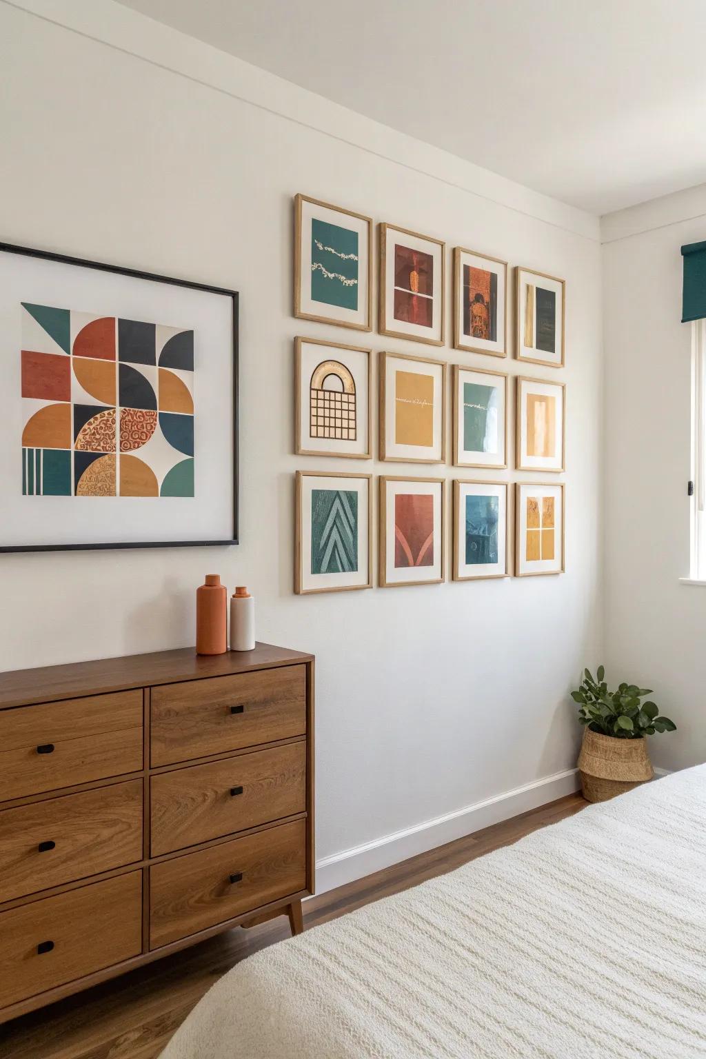 A calm, clean grid of matching frames adds instant structure and style above any dresser.