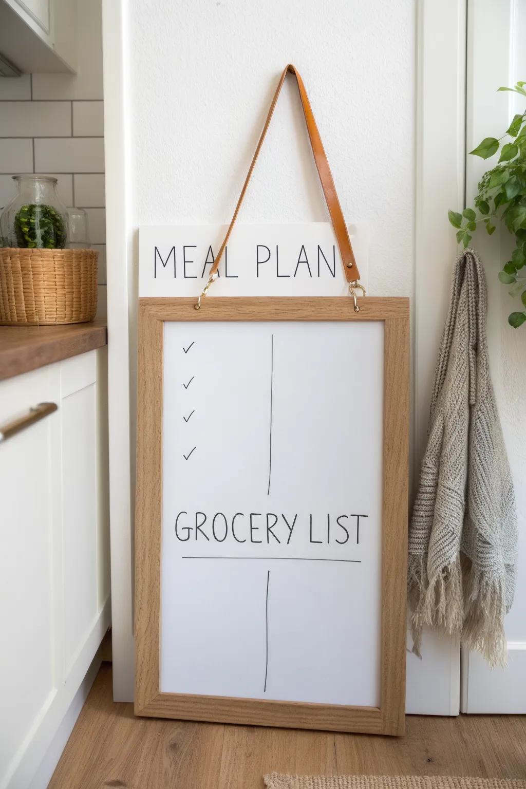 Split your whiteboard: meal plan on the left, grocery list on the right—no more double buys.
